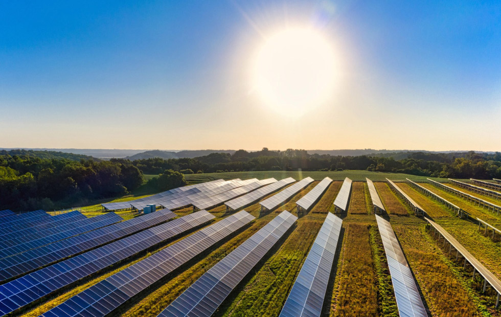 Sun shining on solar panels